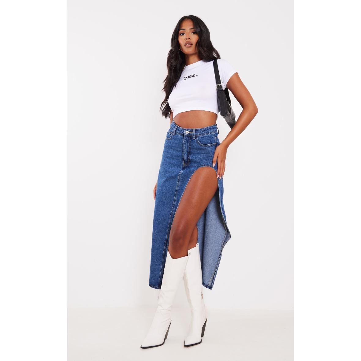Tall – Jupe en jean mi-longue bleu moyen délavé fendue à la taille